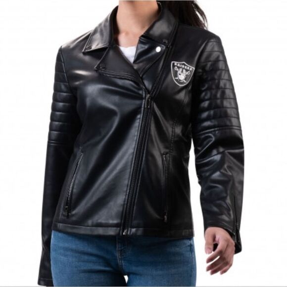 Raiders NFL Las Vegas Black Faux Leather Moto Zip Jacket Womens L NWOT - Picture 1 of 9